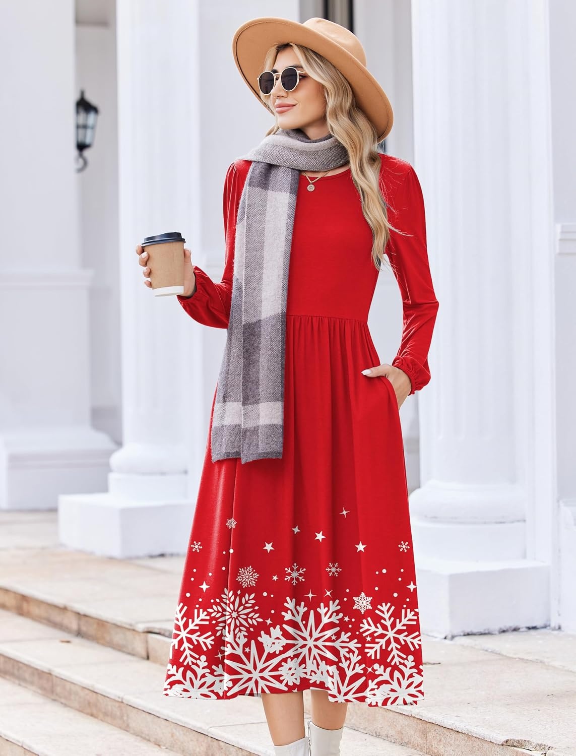 image:imageZeagoo Long Sleeve Dresses for Women 2026 Fall Winter Casual Flowy ALine Boho Midi Party Long Dress with PocketsChristmas Snow