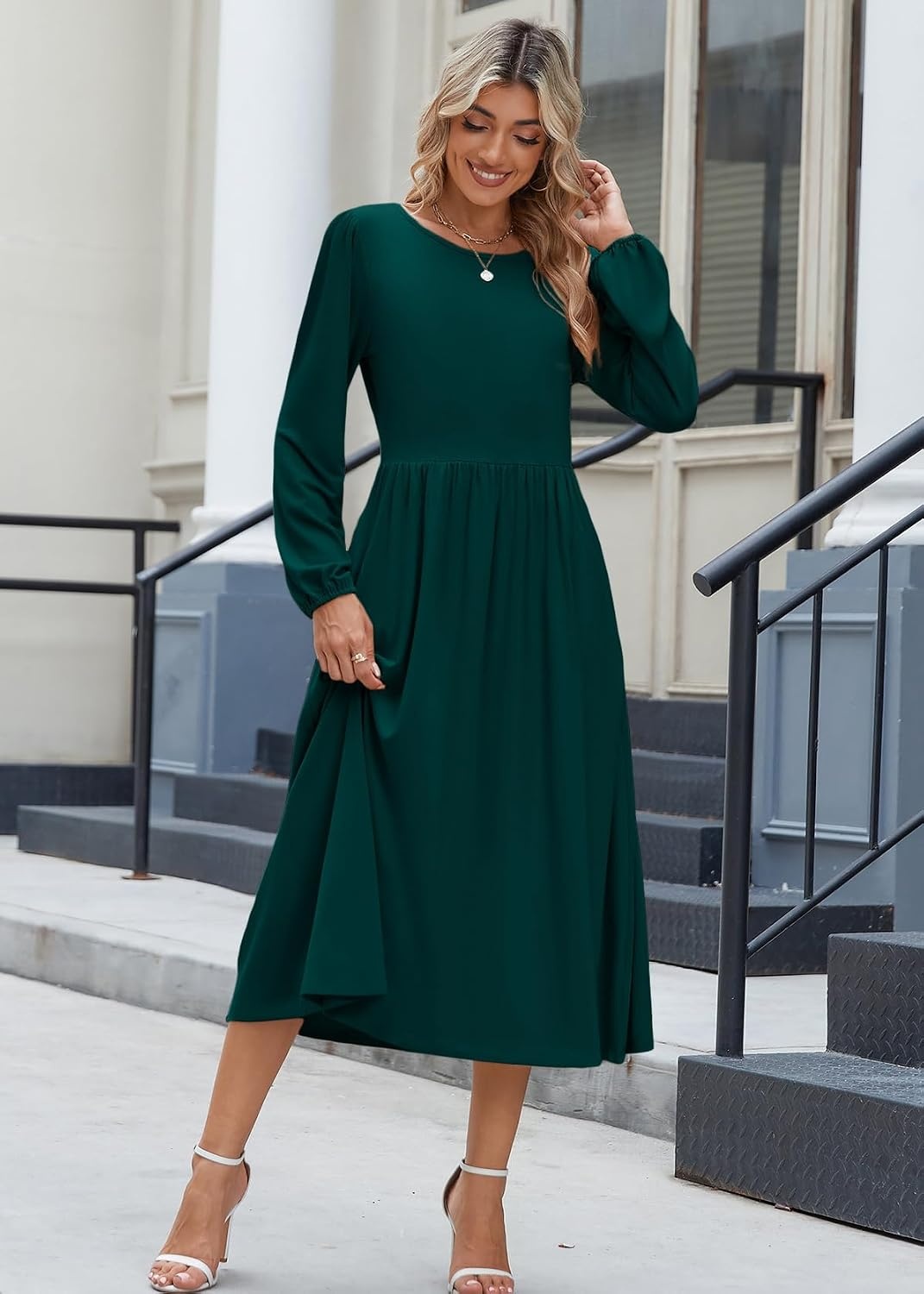 image:imageZeagoo Long Sleeve Dresses for Women 2026 Fall Winter Casual Flowy ALine Boho Midi Party Long Dress with PocketsDark Green