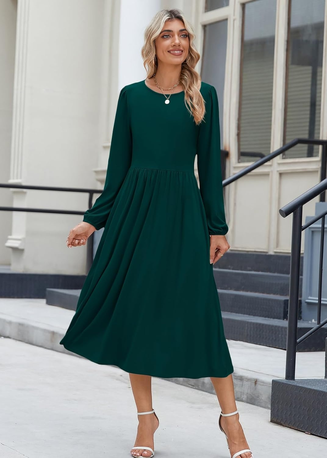 image:imageZeagoo Long Sleeve Dresses for Women 2026 Fall Winter Casual Flowy ALine Boho Midi Party Long Dress with PocketsDark Green