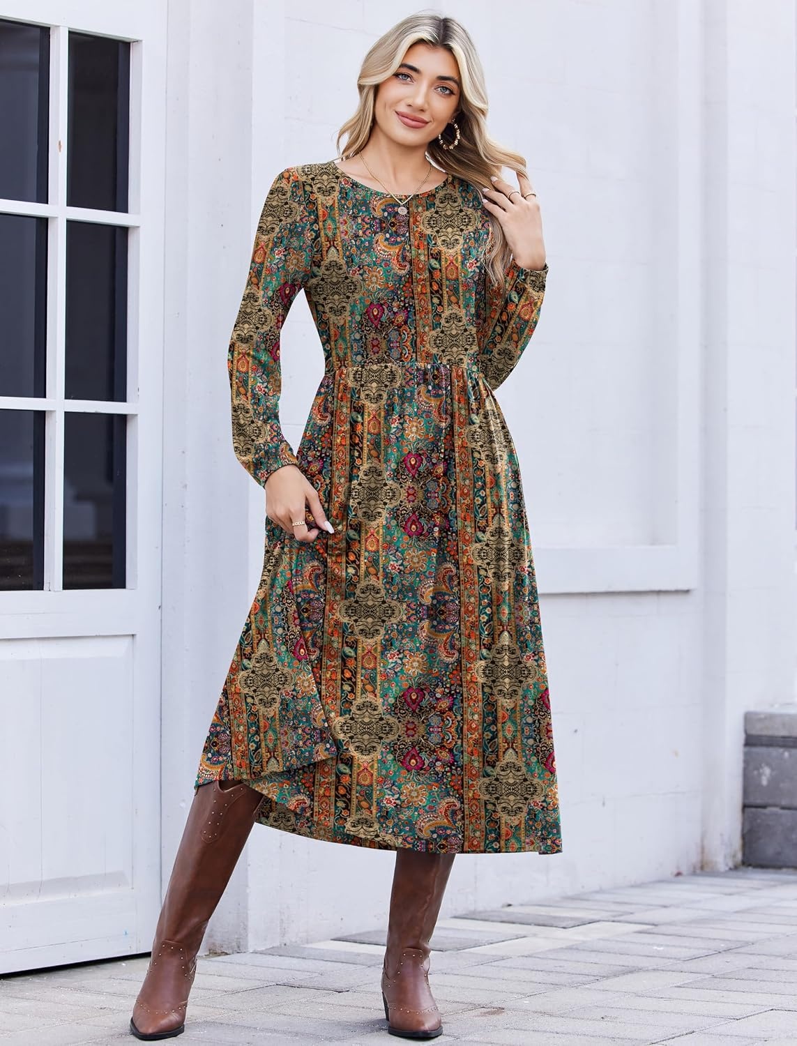 image:imageZeagoo Long Sleeve Dresses for Women 2026 Fall Winter Casual Flowy ALine Boho Midi Party Long Dress with PocketsEthnic Style