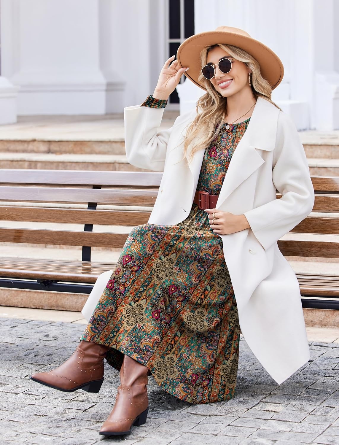 image:imageZeagoo Long Sleeve Dresses for Women 2026 Fall Winter Casual Flowy ALine Boho Midi Party Long Dress with PocketsEthnic Style