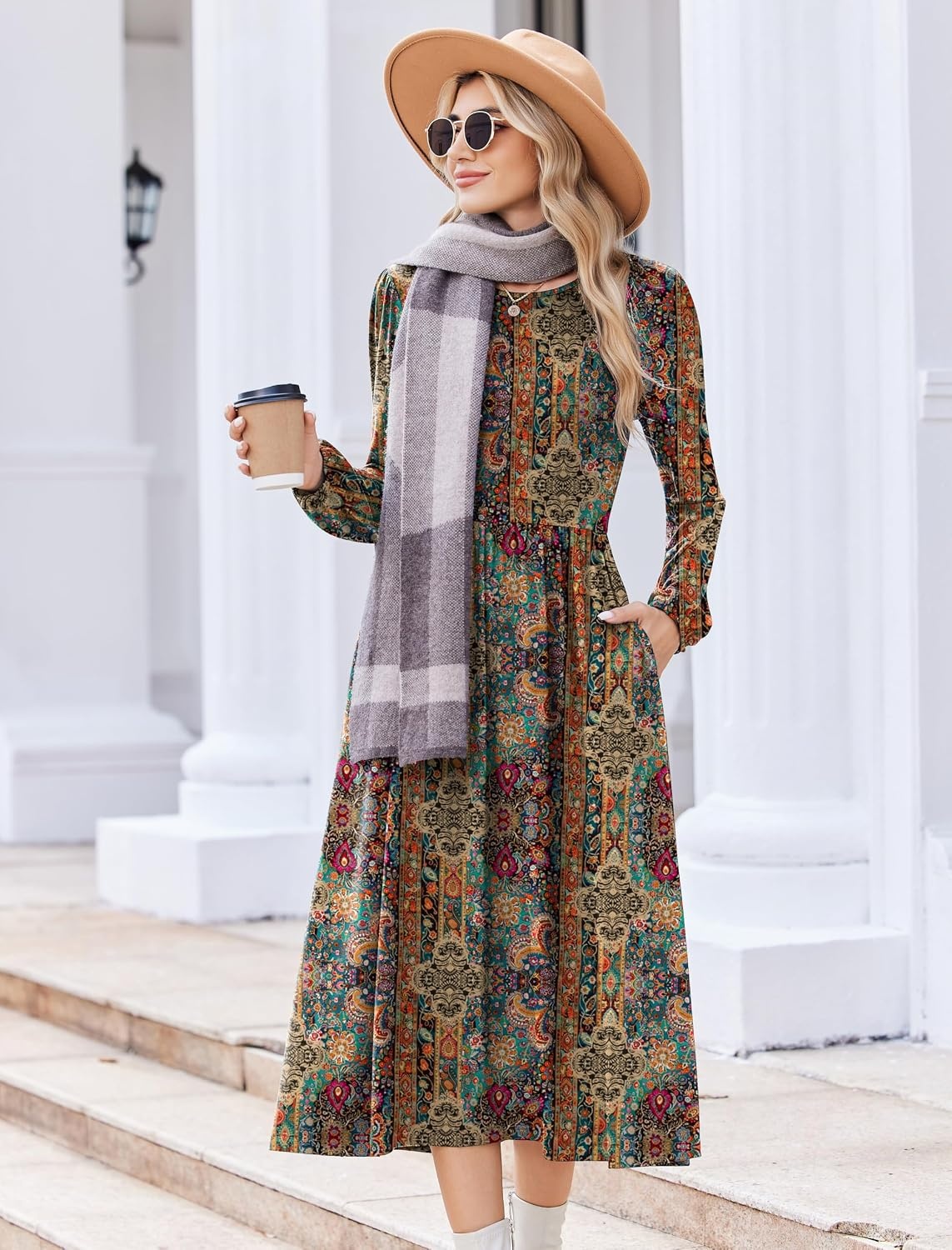 image:imageZeagoo Long Sleeve Dresses for Women 2026 Fall Winter Casual Flowy ALine Boho Midi Party Long Dress with PocketsEthnic Style