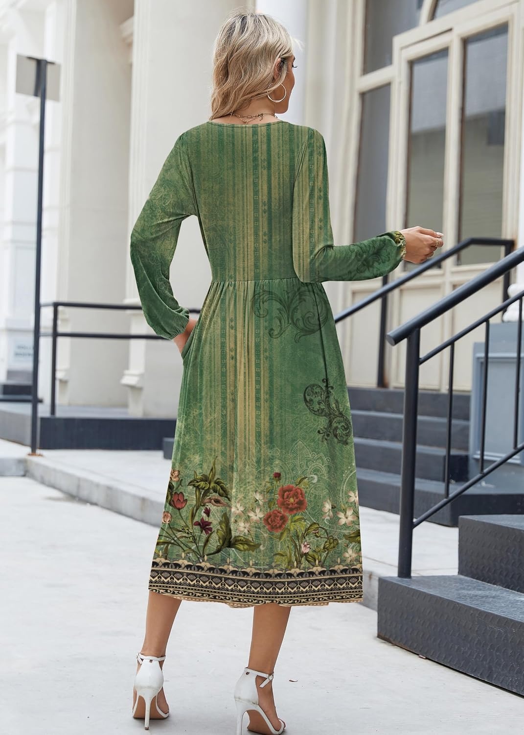 image:imageZeagoo Long Sleeve Dresses for Women 2026 Fall Winter Casual Flowy ALine Boho Midi Party Long Dress with PocketsGreen Print