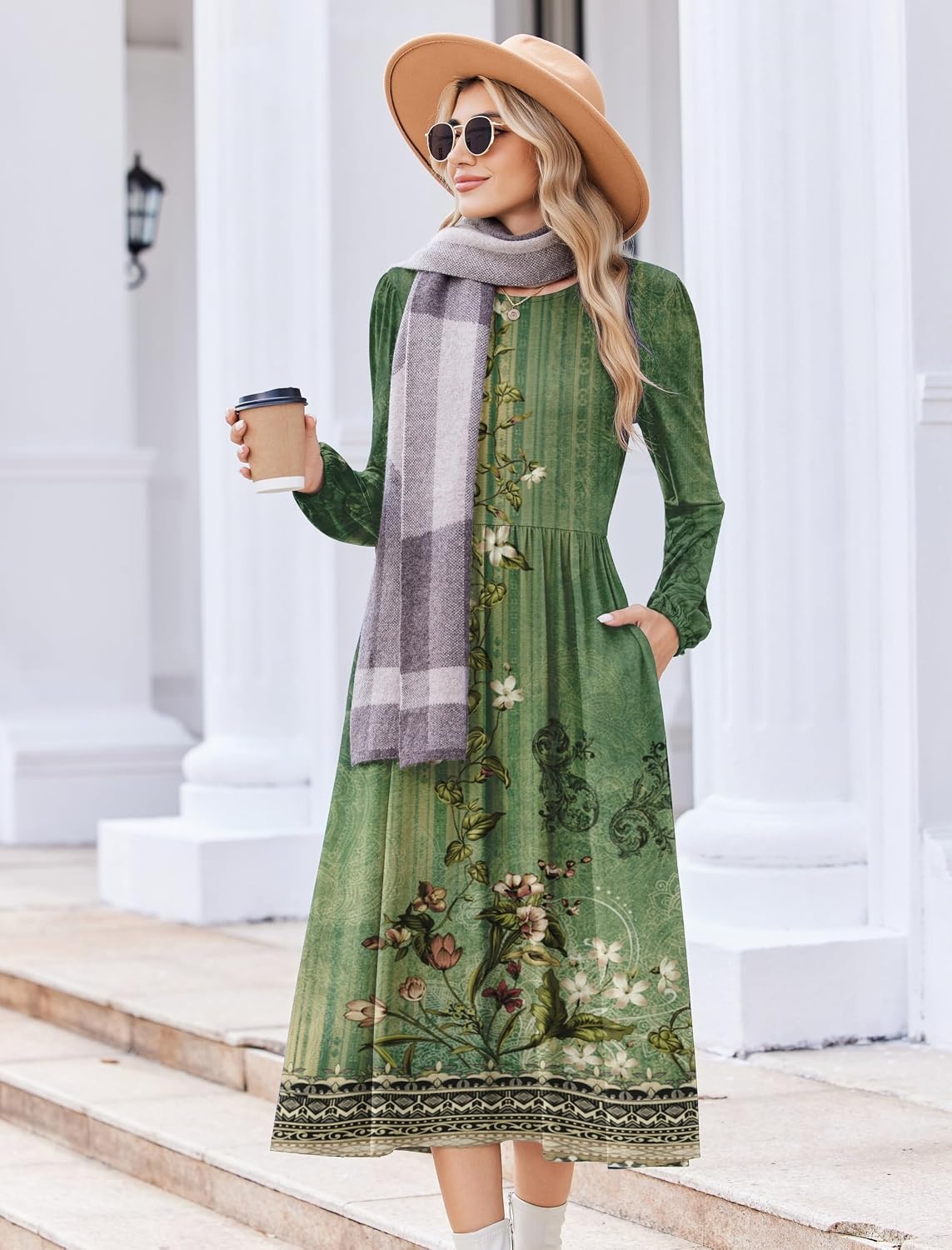 image:imageZeagoo Long Sleeve Dresses for Women 2026 Fall Winter Casual Flowy ALine Boho Midi Party Long Dress with PocketsGreen Print