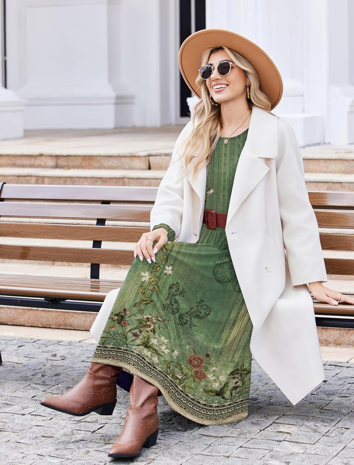 image:imageZeagoo Long Sleeve Dresses for Women 2026 Fall Winter Casual Flowy ALine Boho Midi Party Long Dress with PocketsGreen Print