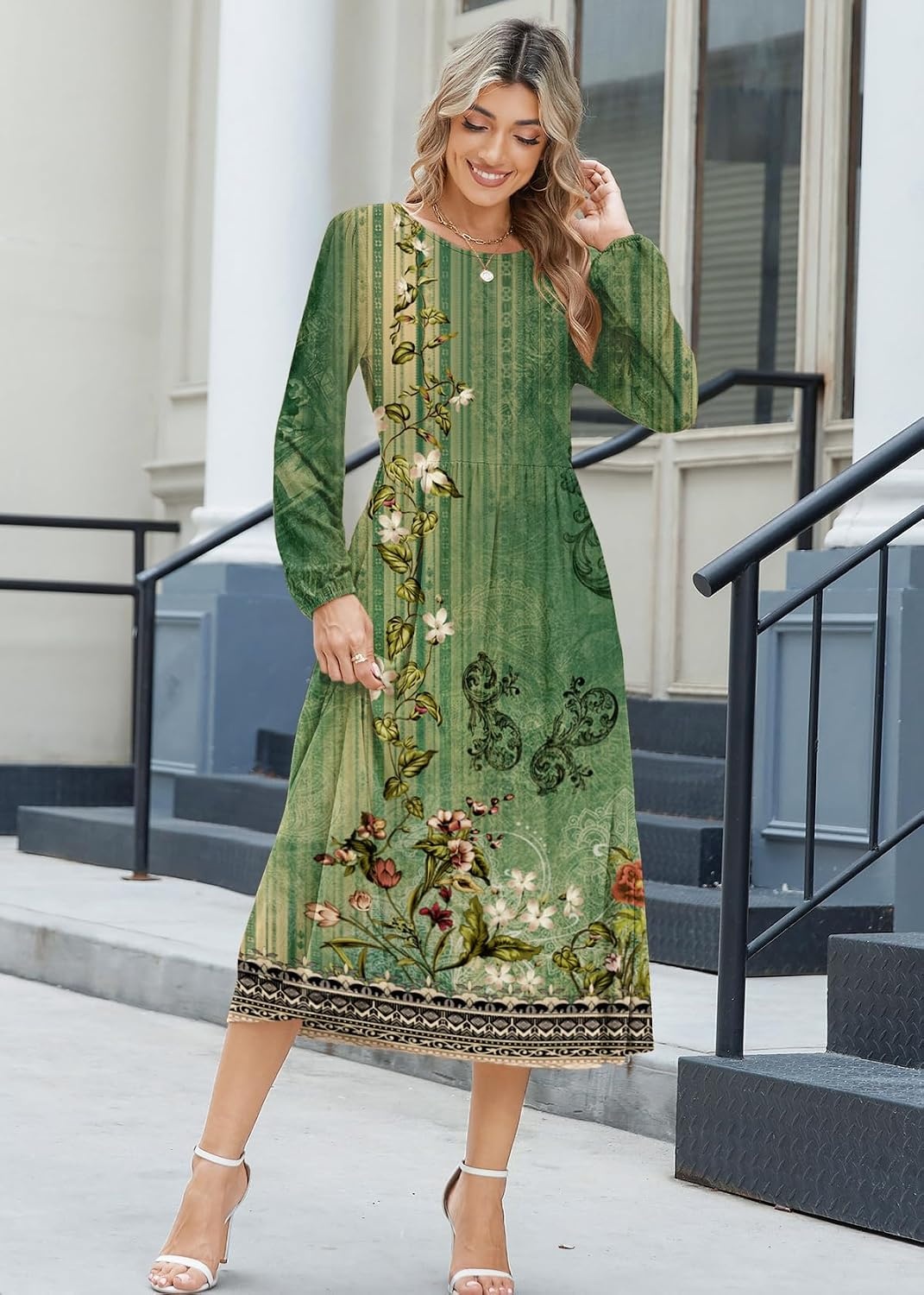 image:imageZeagoo Long Sleeve Dresses for Women 2026 Fall Winter Casual Flowy ALine Boho Midi Party Long Dress with PocketsGreen Print