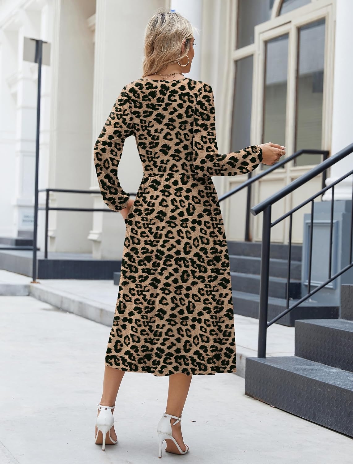 image:imageZeagoo Long Sleeve Dresses for Women 2026 Fall Winter Casual Flowy ALine Boho Midi Party Long Dress with PocketsLeopard Print