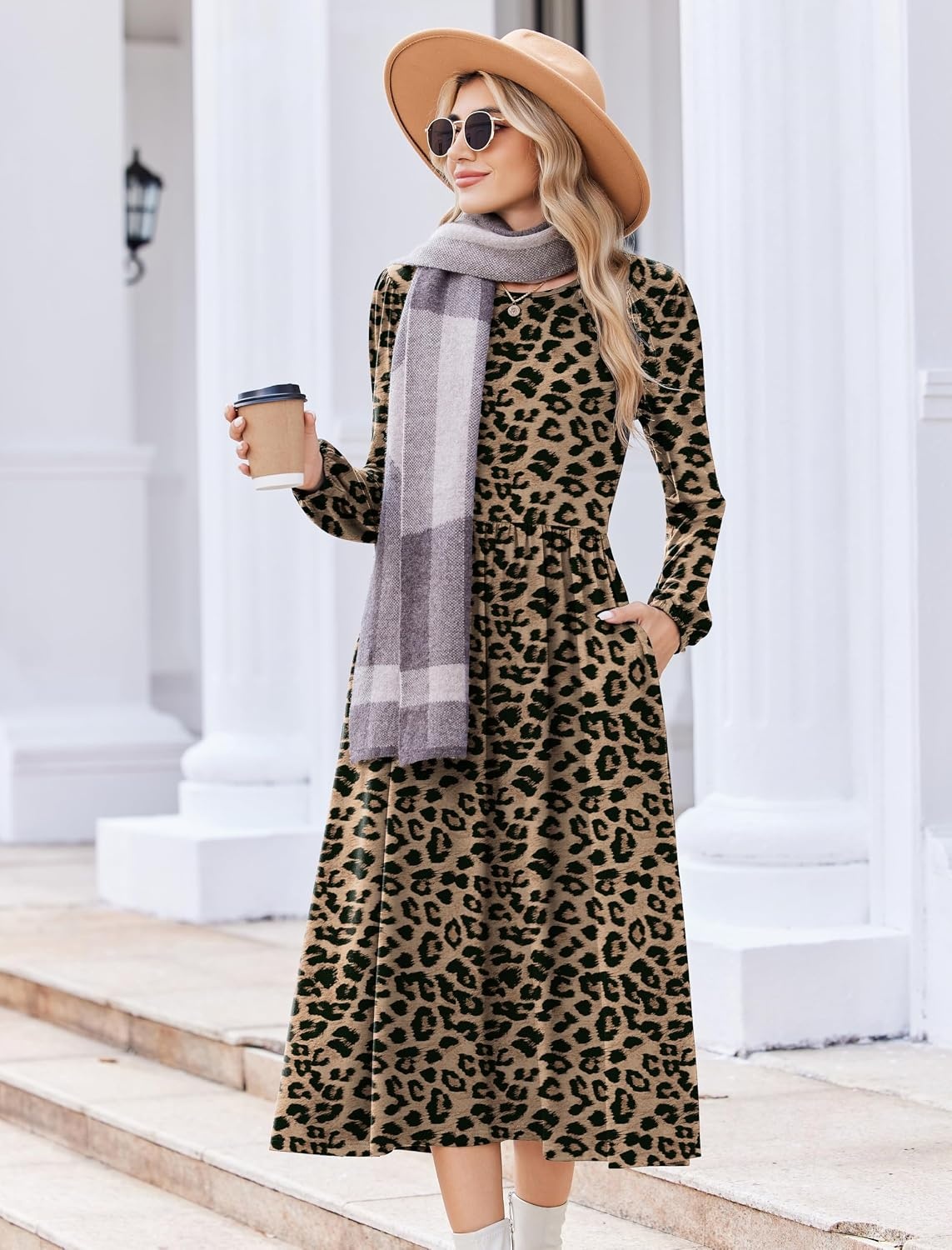image:imageZeagoo Long Sleeve Dresses for Women 2026 Fall Winter Casual Flowy ALine Boho Midi Party Long Dress with PocketsLeopard Print