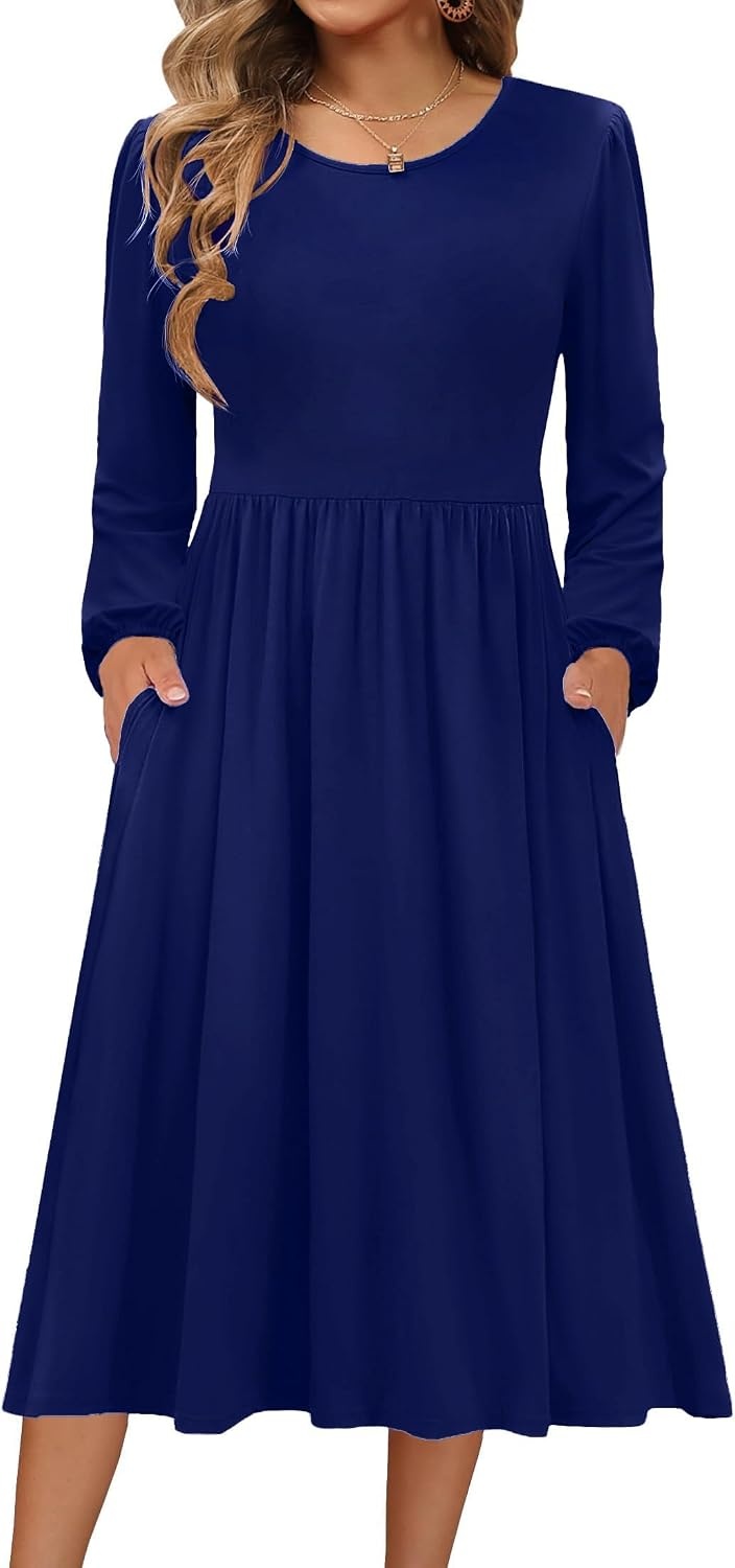 image:imageZeagoo Long Sleeve Dresses for Women 2026 Fall Winter Casual Flowy ALine Boho Midi Party Long Dress with PocketsNavy 2