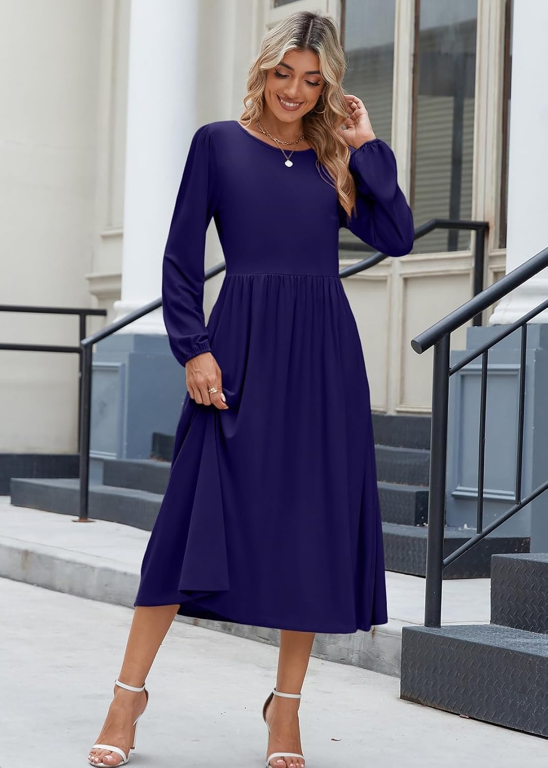 image:imageZeagoo Long Sleeve Dresses for Women 2026 Fall Winter Casual Flowy ALine Boho Midi Party Long Dress with PocketsNavy 2