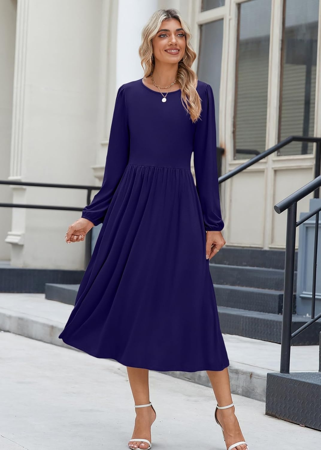 image:imageZeagoo Long Sleeve Dresses for Women 2026 Fall Winter Casual Flowy ALine Boho Midi Party Long Dress with PocketsNavy 2