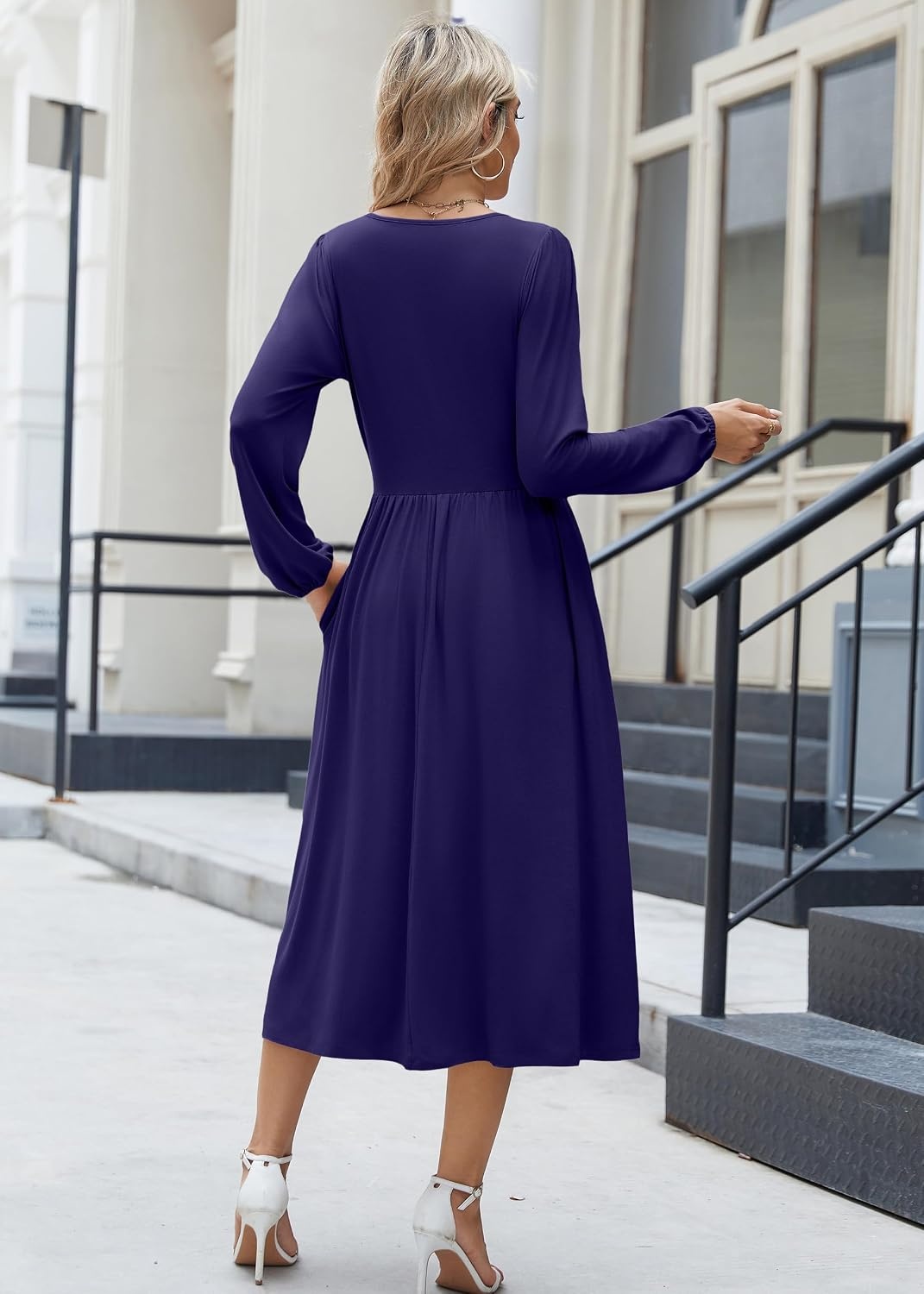 image:imageZeagoo Long Sleeve Dresses for Women 2026 Fall Winter Casual Flowy ALine Boho Midi Party Long Dress with PocketsNavy 2