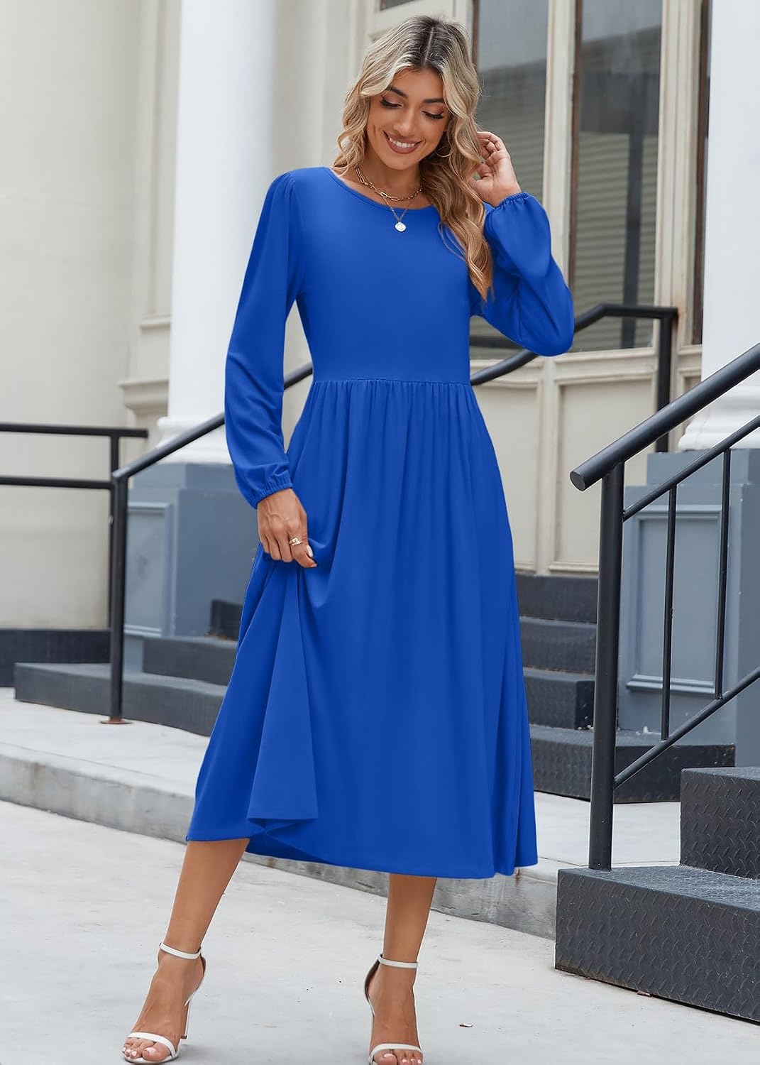 image:imageZeagoo Long Sleeve Dresses for Women 2026 Fall Winter Casual Flowy ALine Boho Midi Party Long Dress with PocketsNavy