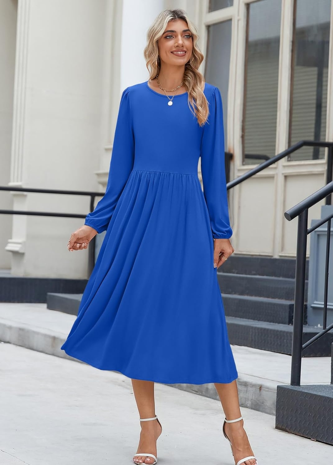 image:imageZeagoo Long Sleeve Dresses for Women 2026 Fall Winter Casual Flowy ALine Boho Midi Party Long Dress with PocketsNavy