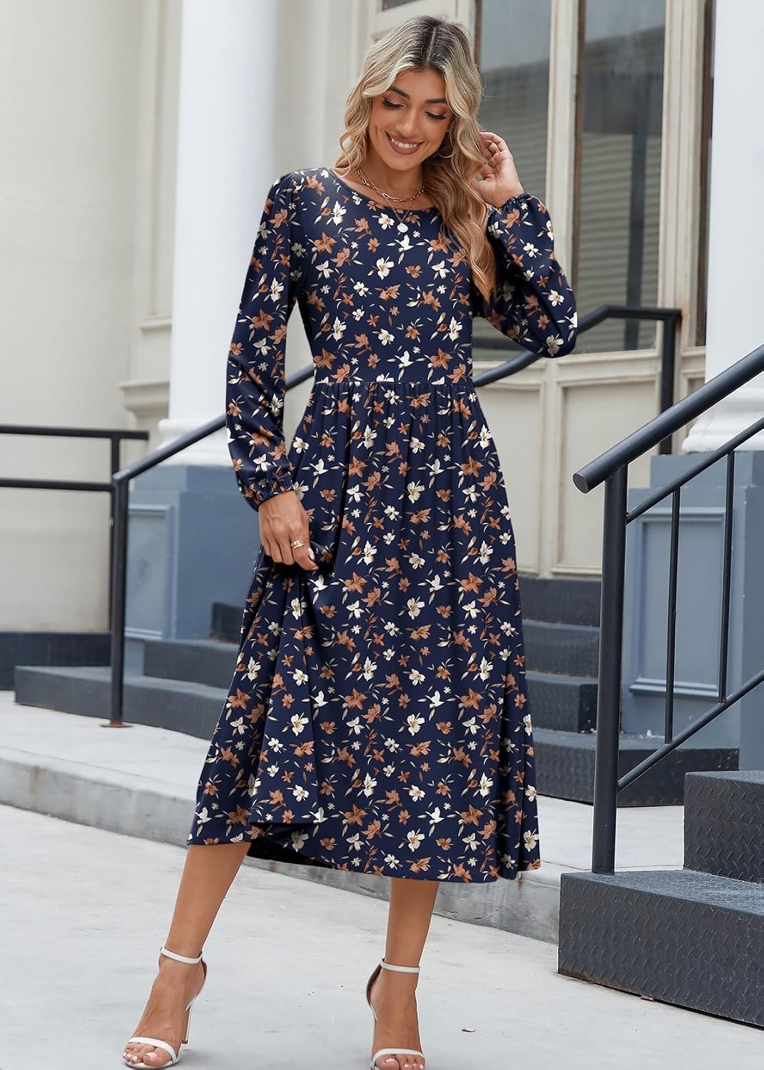 image:imageZeagoo Long Sleeve Dresses for Women 2026 Fall Winter Casual Flowy ALine Boho Midi Party Long Dress with PocketsNavy Floral