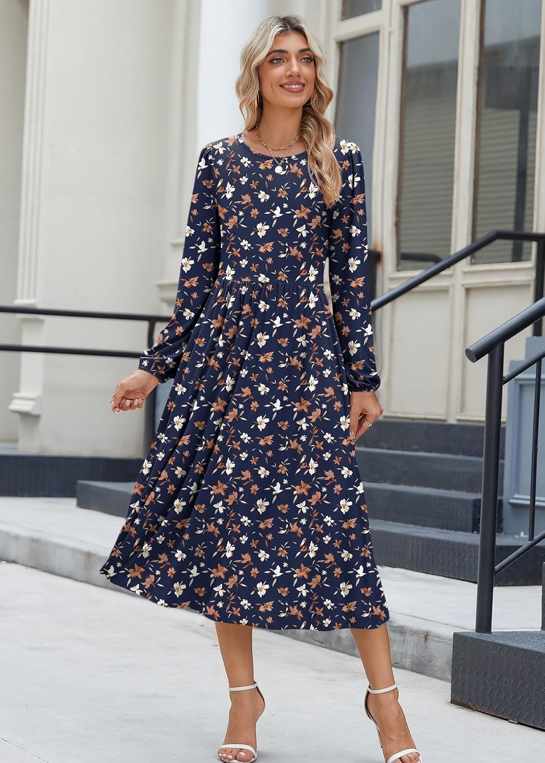 image:imageZeagoo Long Sleeve Dresses for Women 2026 Fall Winter Casual Flowy ALine Boho Midi Party Long Dress with PocketsNavy Floral