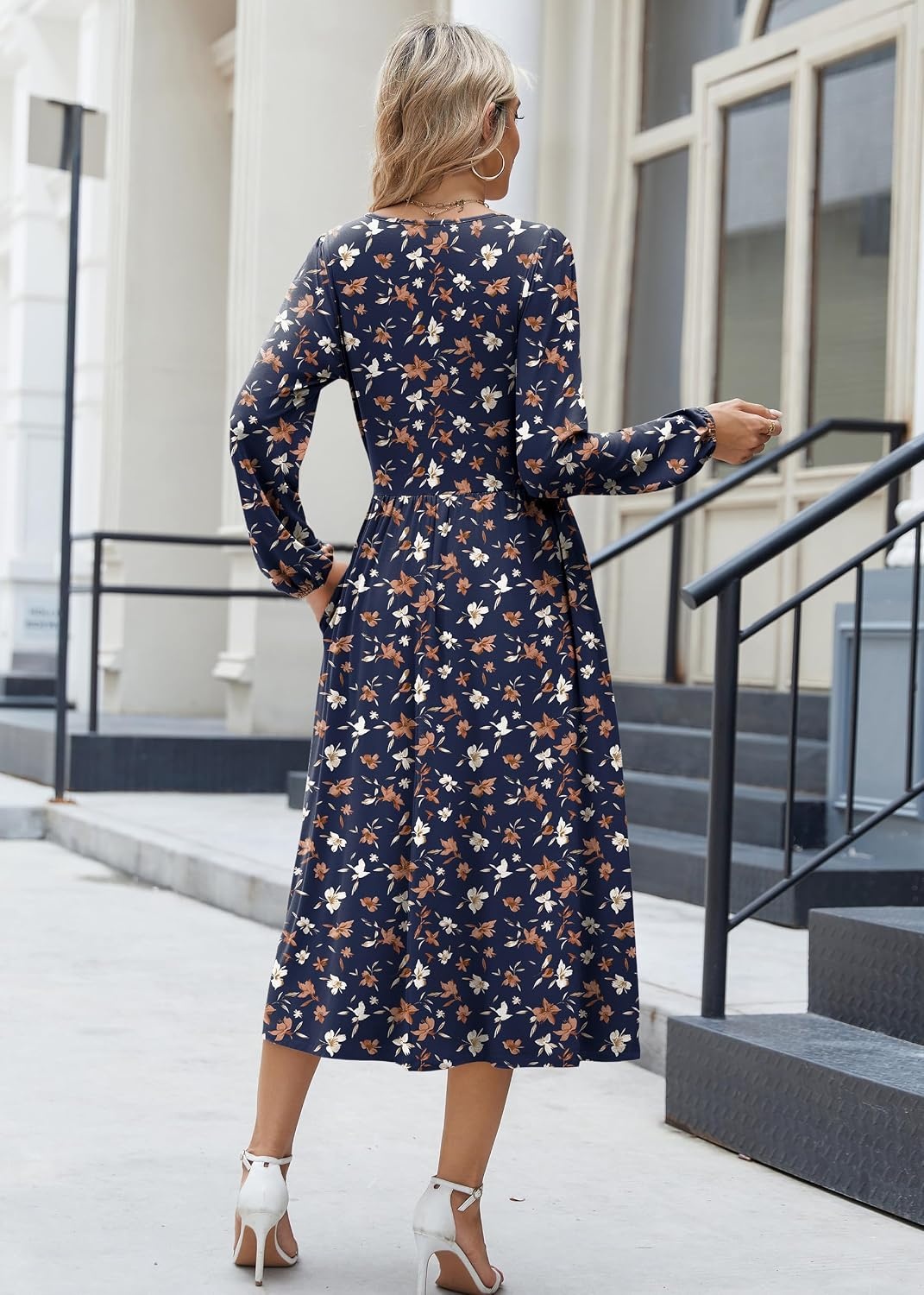 image:imageZeagoo Long Sleeve Dresses for Women 2026 Fall Winter Casual Flowy ALine Boho Midi Party Long Dress with PocketsNavy Floral