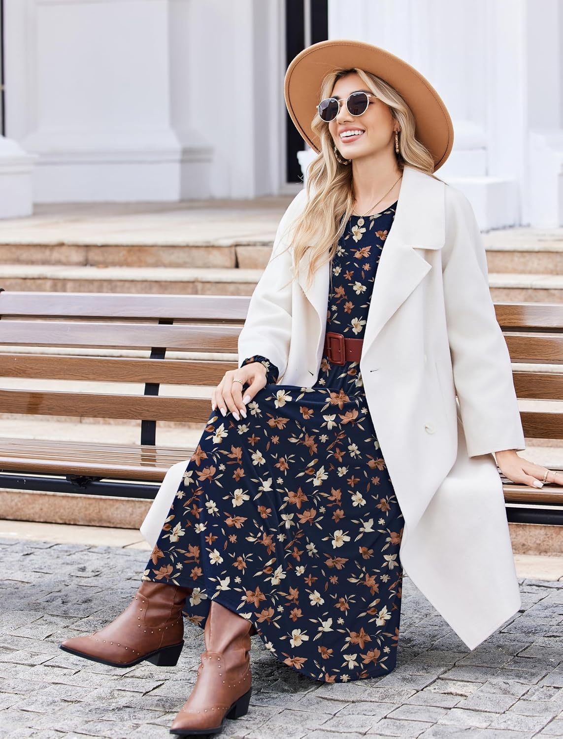 image:imageZeagoo Long Sleeve Dresses for Women 2026 Fall Winter Casual Flowy ALine Boho Midi Party Long Dress with PocketsNavy Floral