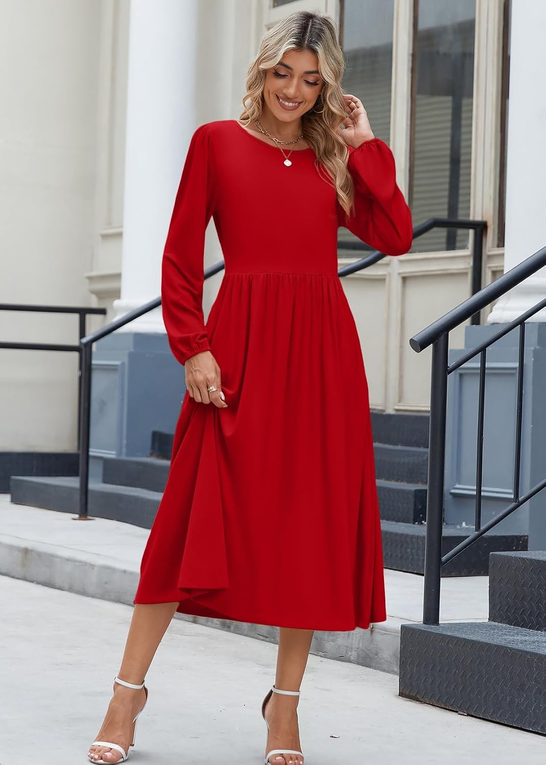 image:imageZeagoo Long Sleeve Dresses for Women 2026 Fall Winter Casual Flowy ALine Boho Midi Party Long Dress with PocketsRed
