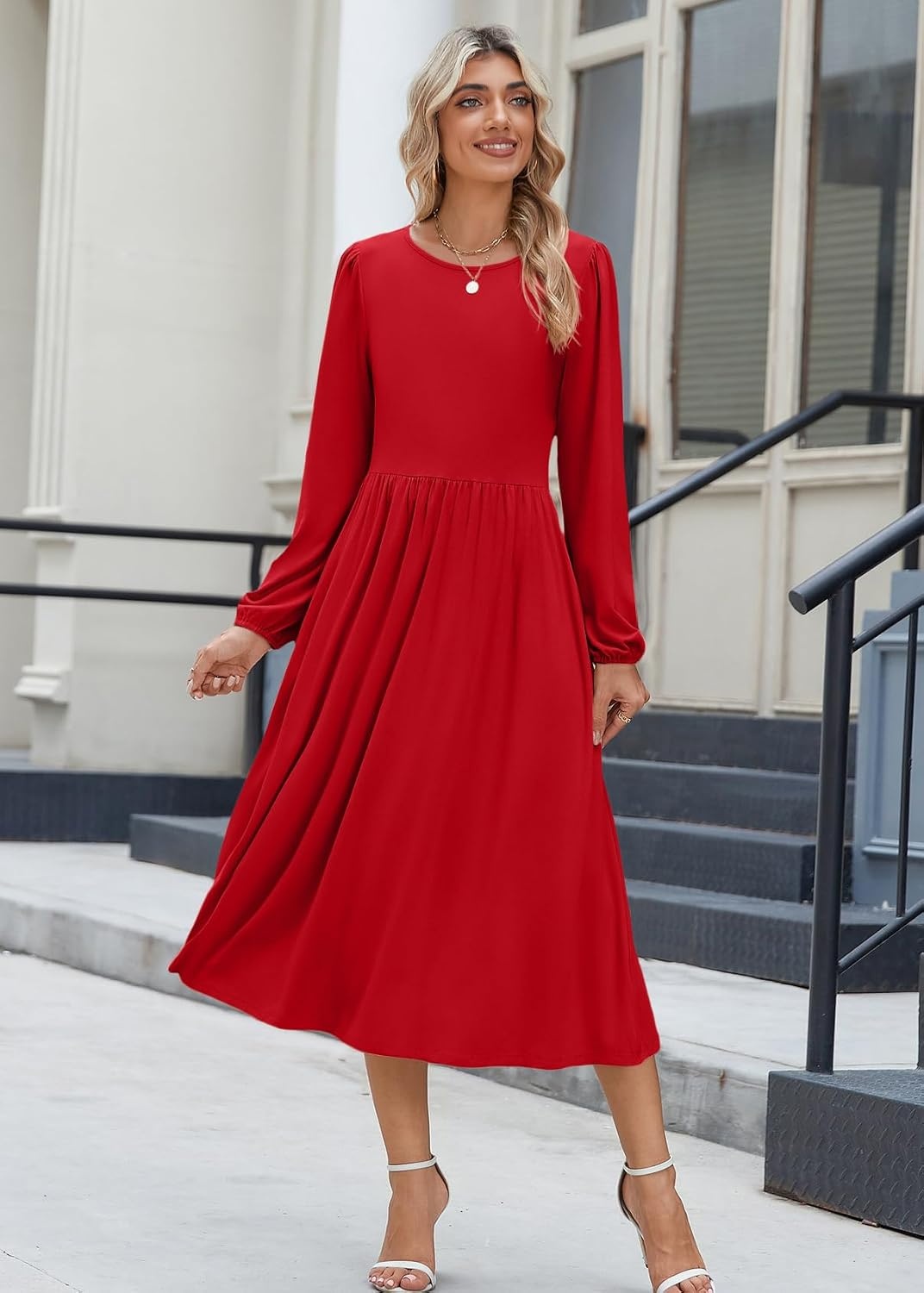 image:imageZeagoo Long Sleeve Dresses for Women 2026 Fall Winter Casual Flowy ALine Boho Midi Party Long Dress with PocketsRed