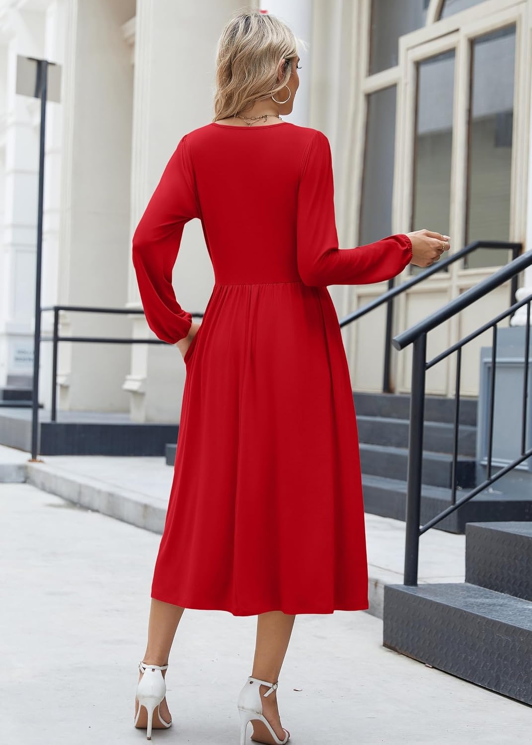 image:imageZeagoo Long Sleeve Dresses for Women 2026 Fall Winter Casual Flowy ALine Boho Midi Party Long Dress with PocketsRed