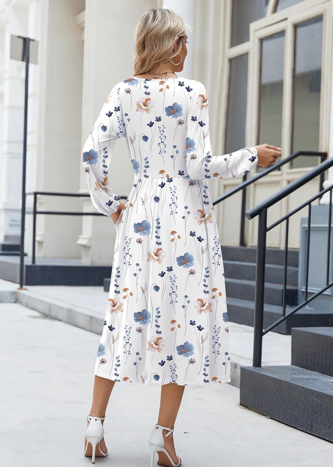 image:imageZeagoo Long Sleeve Dresses for Women 2026 Fall Winter Casual Flowy ALine Boho Midi Party Long Dress with PocketsWhite Floral