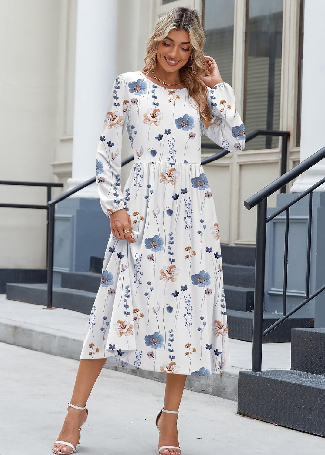 image:imageZeagoo Long Sleeve Dresses for Women 2026 Fall Winter Casual Flowy ALine Boho Midi Party Long Dress with PocketsWhite Floral