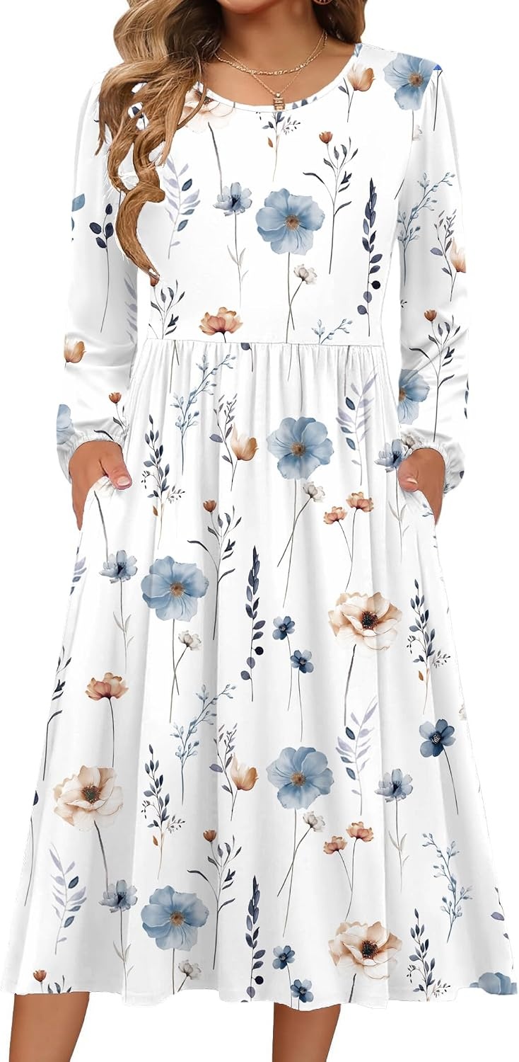 image:imageZeagoo Long Sleeve Dresses for Women 2026 Fall Winter Casual Flowy ALine Boho Midi Party Long Dress with PocketsWhite Floral