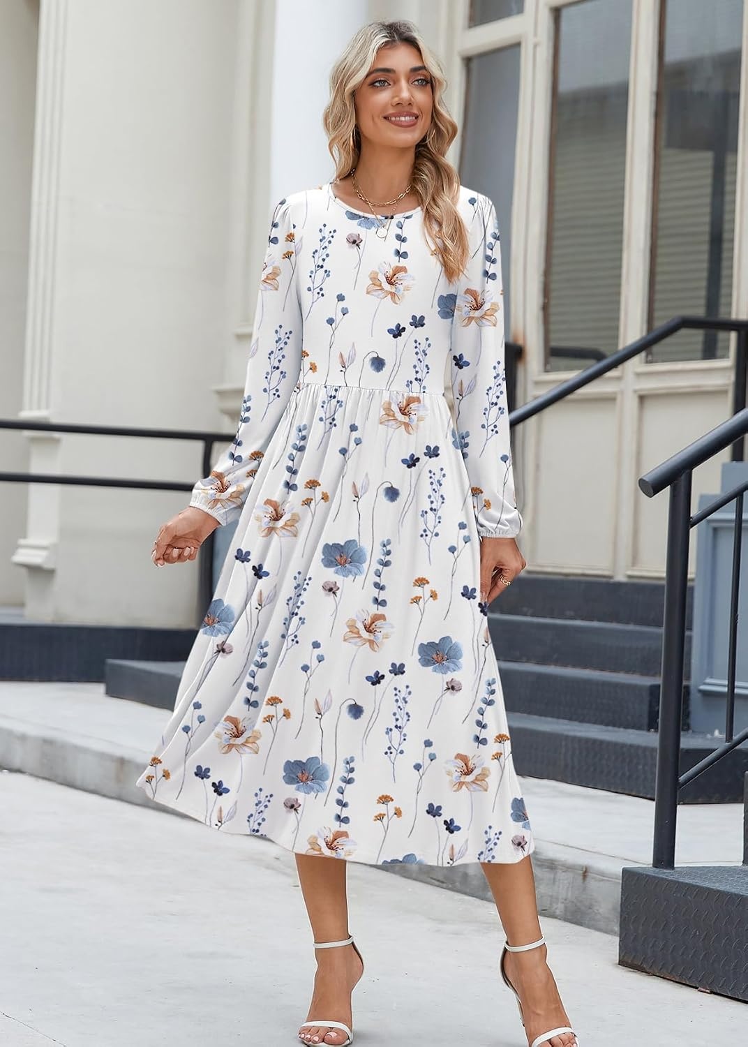 image:imageZeagoo Long Sleeve Dresses for Women 2026 Fall Winter Casual Flowy ALine Boho Midi Party Long Dress with PocketsWhite Floral