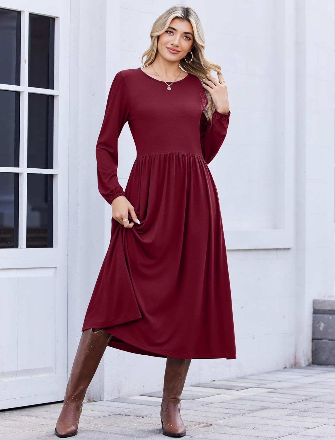 image:imageZeagoo Long Sleeve Dresses for Women 2026 Fall Winter Casual Flowy ALine Boho Midi Party Long Dress with PocketsWine Red
