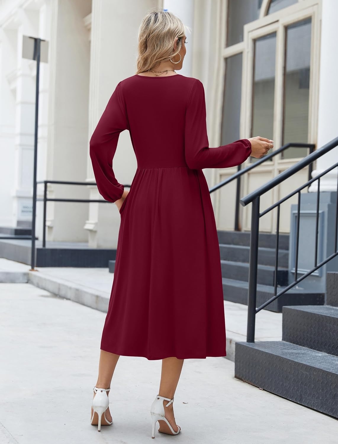 image:imageZeagoo Long Sleeve Dresses for Women 2026 Fall Winter Casual Flowy ALine Boho Midi Party Long Dress with PocketsWine Red