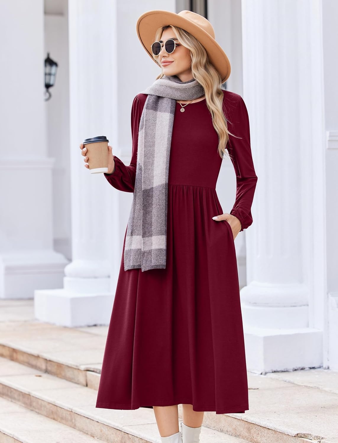 image:imageZeagoo Long Sleeve Dresses for Women 2026 Fall Winter Casual Flowy ALine Boho Midi Party Long Dress with PocketsWine Red