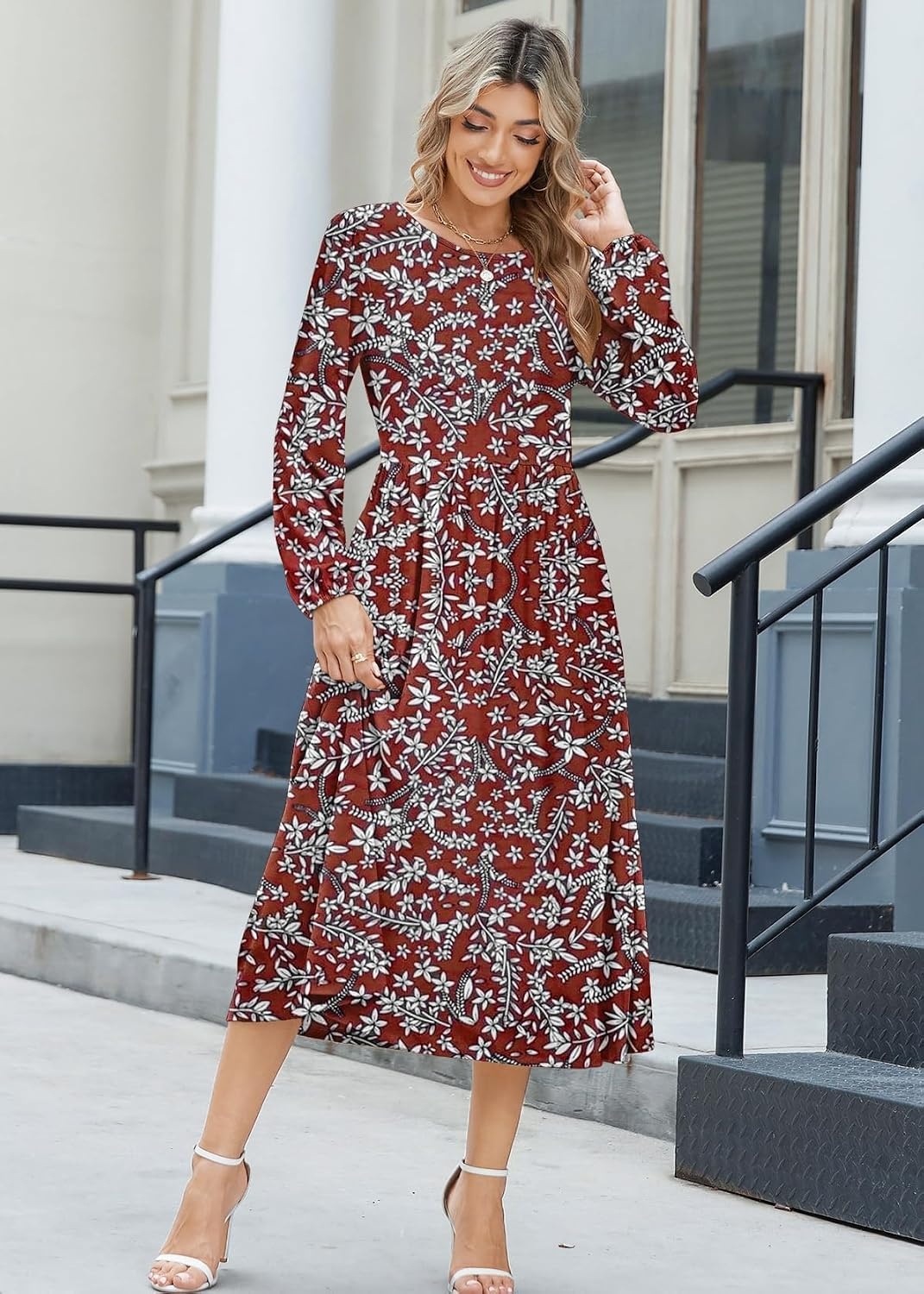 image:imageZeagoo Long Sleeve Dresses for Women 2026 Fall Winter Casual Flowy ALine Boho Midi Party Long Dress with PocketsWine Red Pattern