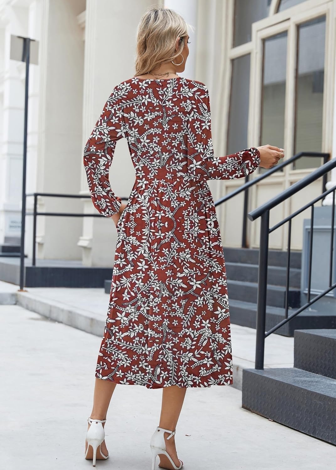 image:imageZeagoo Long Sleeve Dresses for Women 2026 Fall Winter Casual Flowy ALine Boho Midi Party Long Dress with PocketsWine Red Pattern