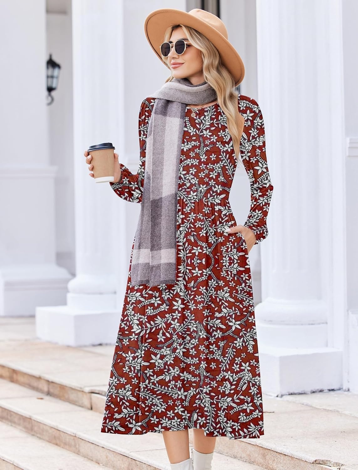 image:imageZeagoo Long Sleeve Dresses for Women 2026 Fall Winter Casual Flowy ALine Boho Midi Party Long Dress with PocketsWine Red Pattern