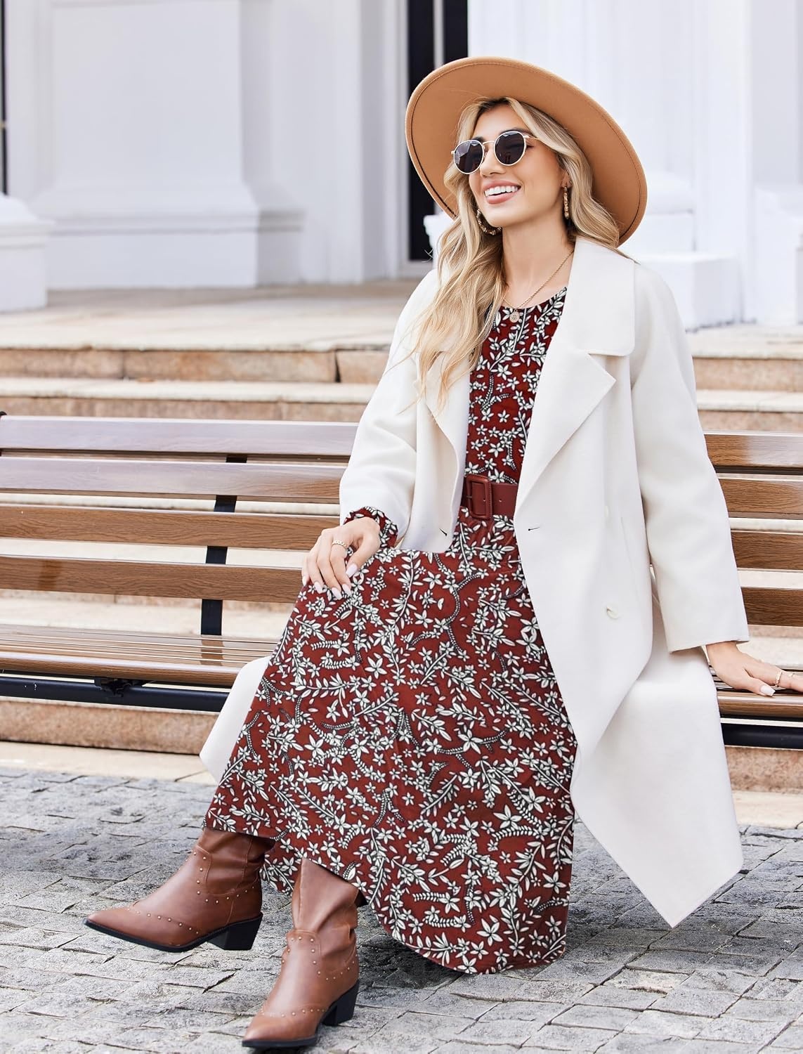image:imageZeagoo Long Sleeve Dresses for Women 2026 Fall Winter Casual Flowy ALine Boho Midi Party Long Dress with PocketsWine Red Pattern