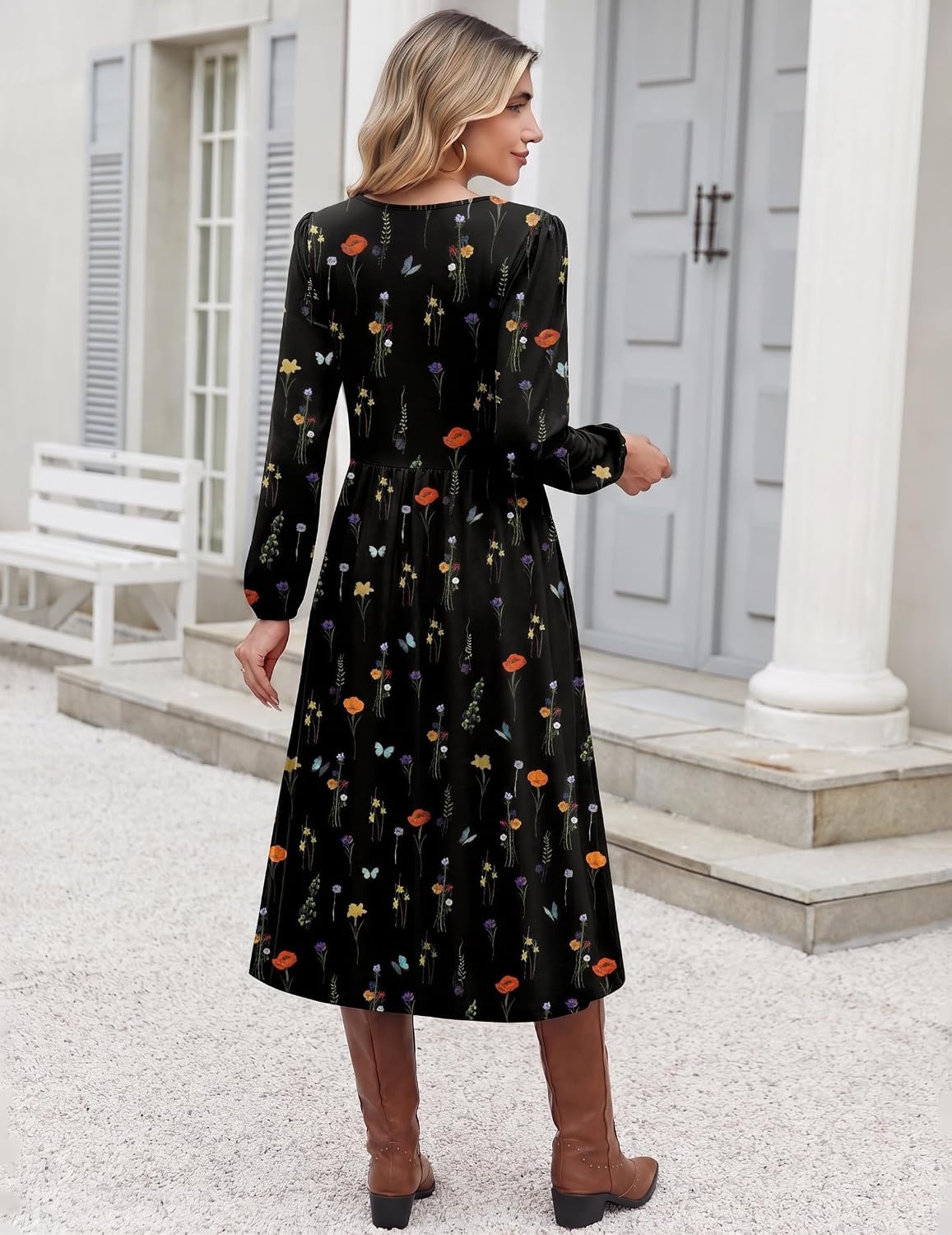 image:imageZeagoo Long Sleeve Midi Dress with Pockets Fall V Neck ALine Casual WomenBlack Floral