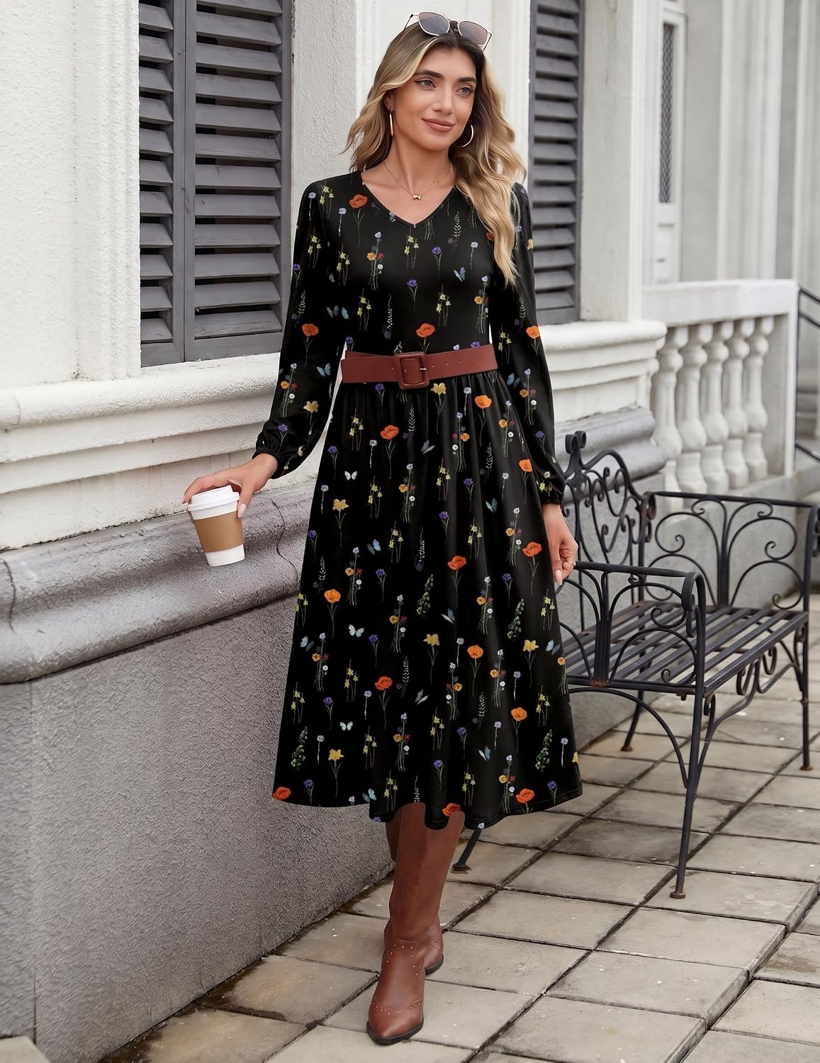 image:imageZeagoo Long Sleeve Midi Dress with Pockets Fall V Neck ALine Casual WomenBlack Floral