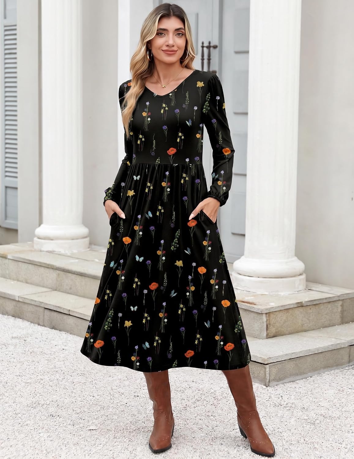 image:imageZeagoo Long Sleeve Midi Dress with Pockets Fall V Neck ALine Casual WomenBlack Floral