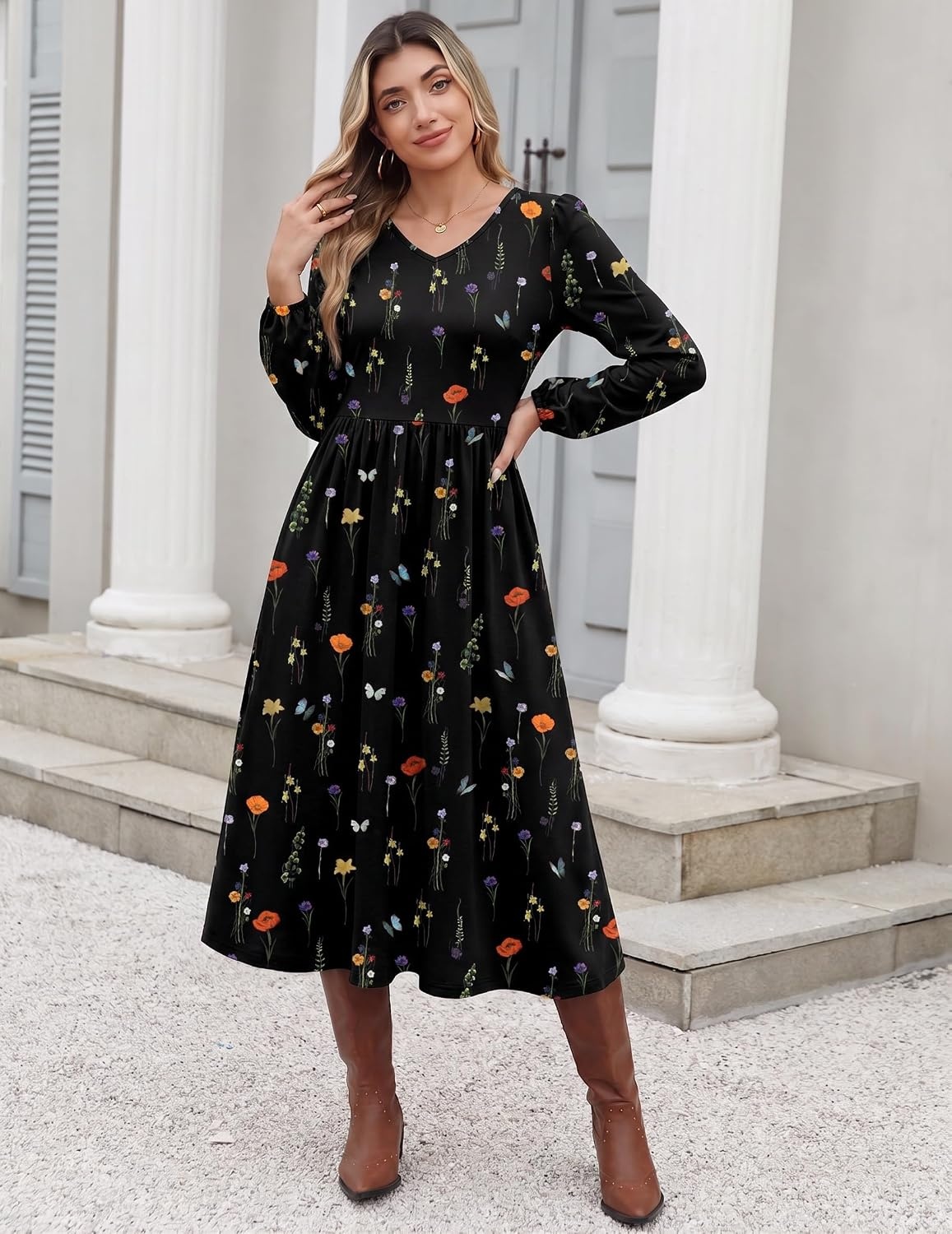 image:imageZeagoo Long Sleeve Midi Dress with Pockets Fall V Neck ALine Casual WomenBlack Floral