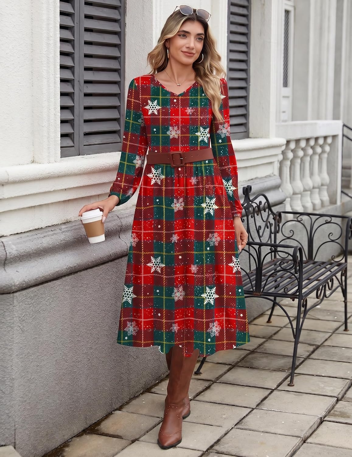 image:imageZeagoo Long Sleeve Midi Dress with Pockets Fall V Neck ALine Casual WomenChristmas Print