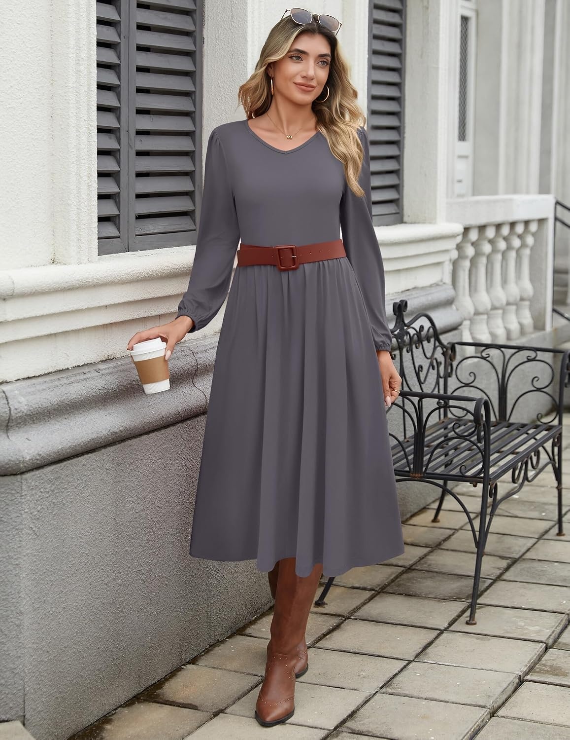 image:imageZeagoo Long Sleeve Midi Dress with Pockets Fall V Neck ALine Casual WomenDark Grey