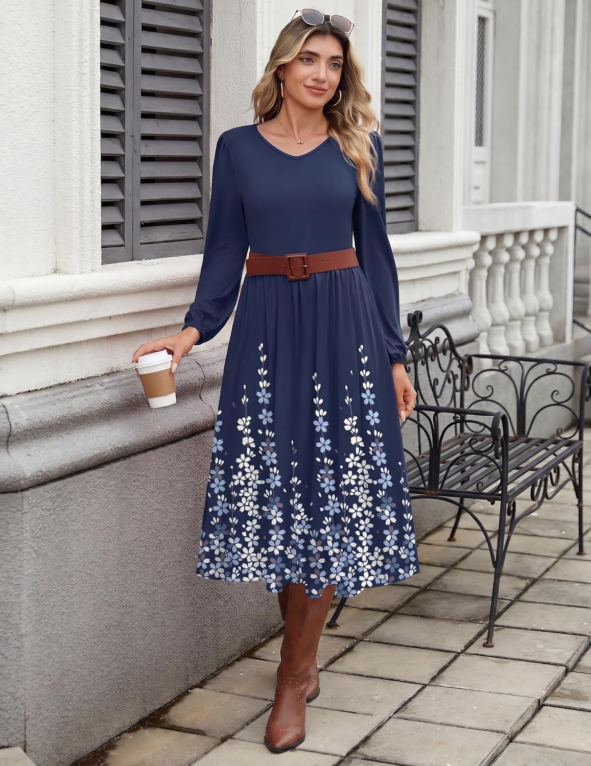 image:imageZeagoo Long Sleeve Midi Dress with Pockets Fall V Neck ALine Casual WomenNavy Blue Floral