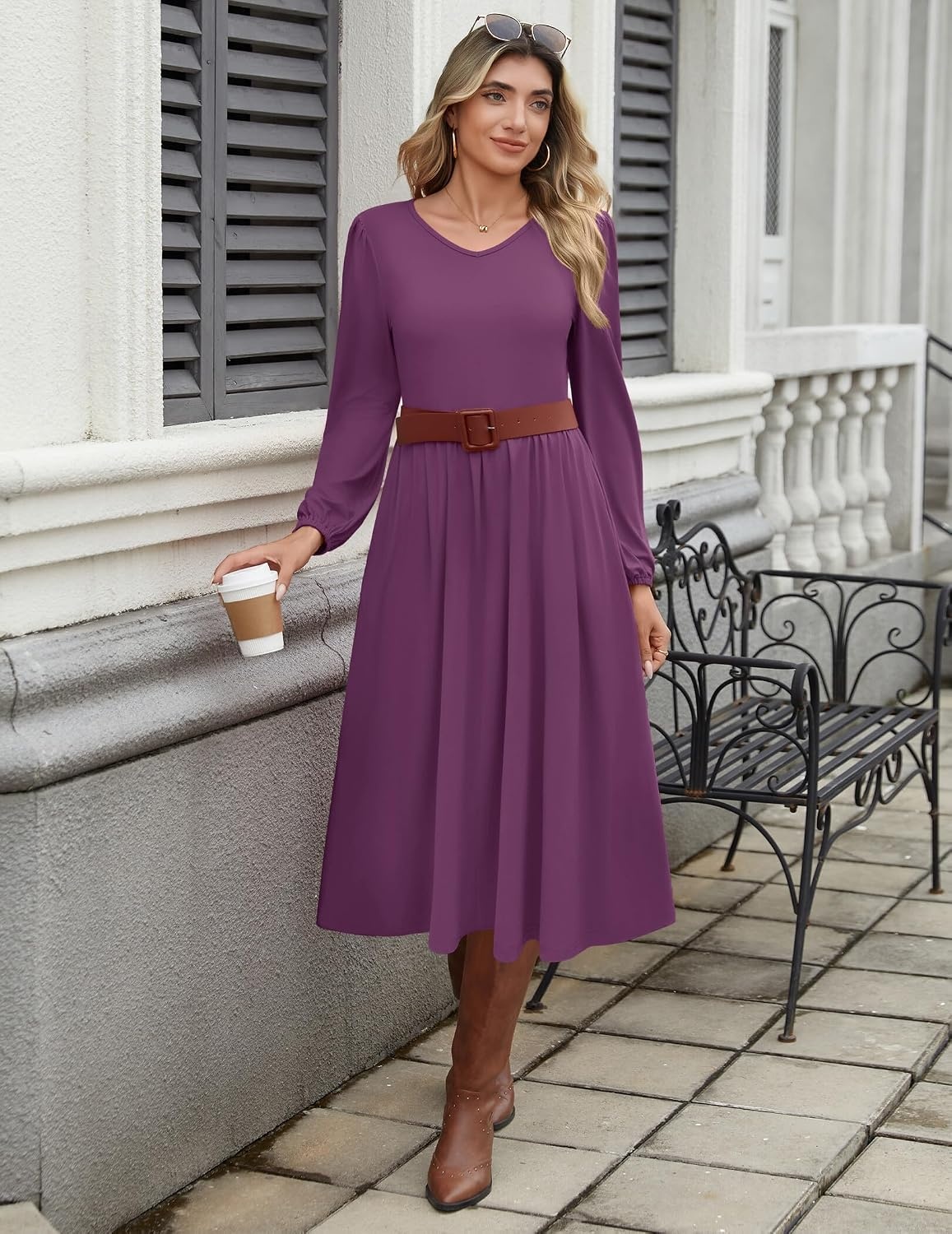 image:imageZeagoo Long Sleeve Midi Dress with Pockets Fall V Neck ALine Casual WomenPurple