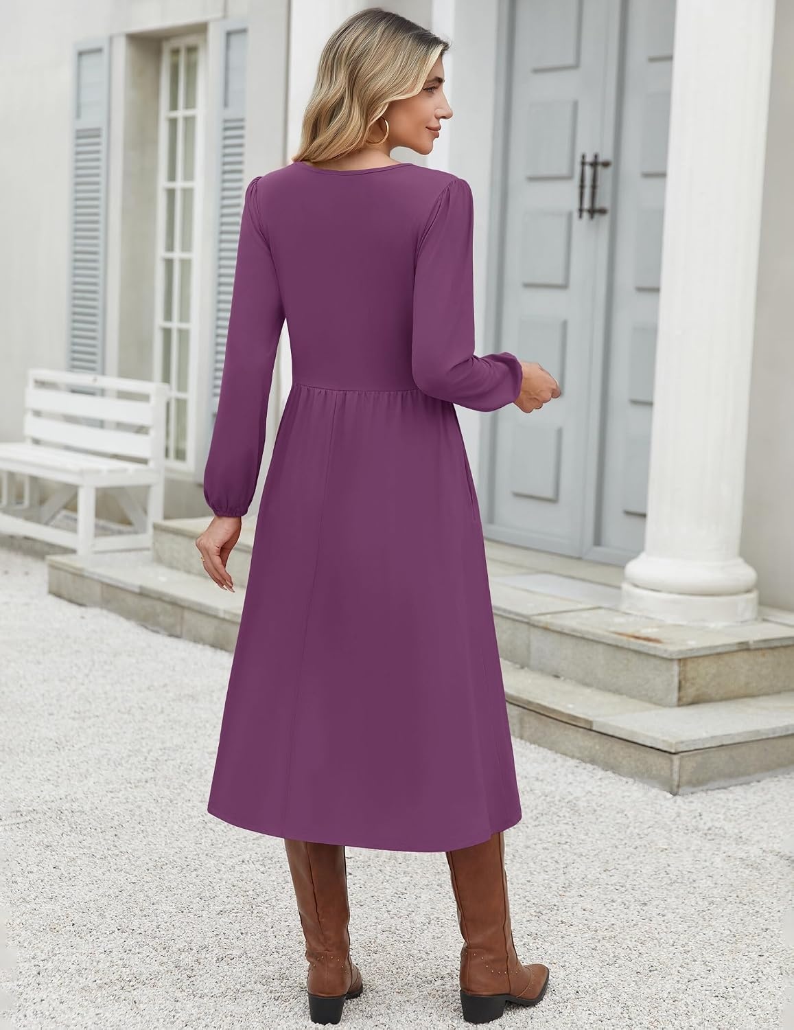 image:imageZeagoo Long Sleeve Midi Dress with Pockets Fall V Neck ALine Casual WomenPurple