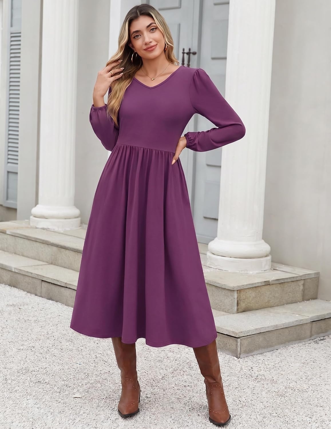 image:imageZeagoo Long Sleeve Midi Dress with Pockets Fall V Neck ALine Casual WomenPurple