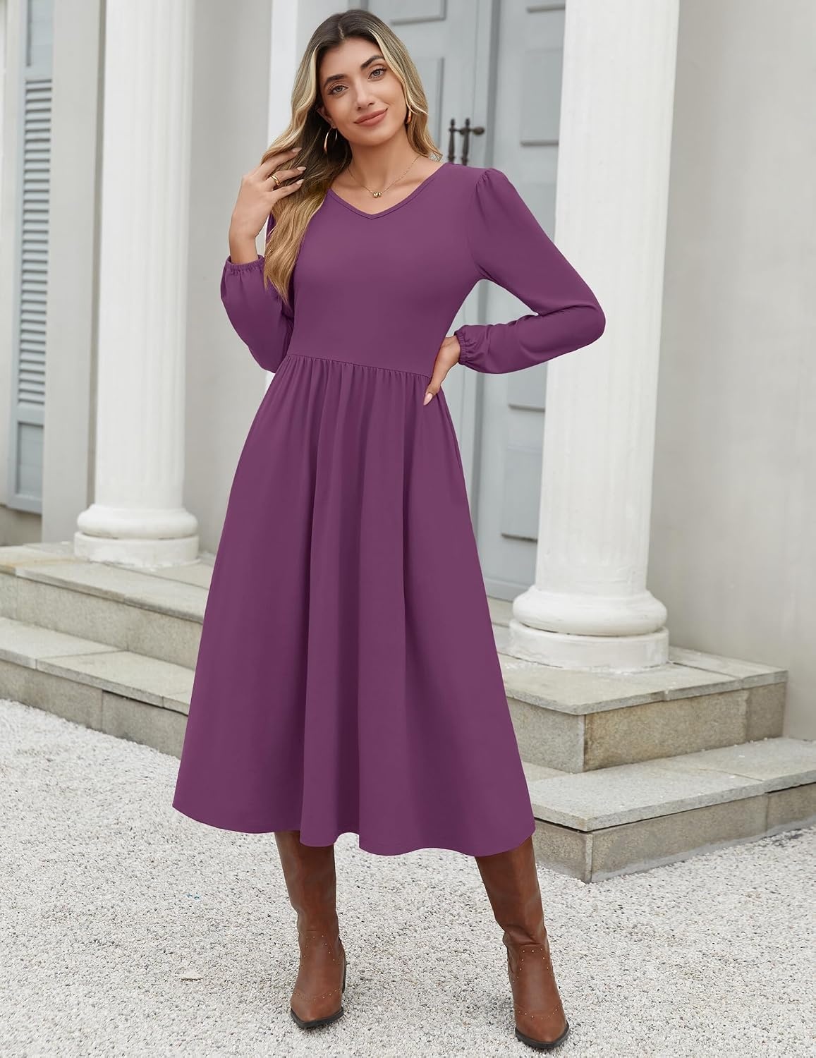 image:imageZeagoo Long Sleeve Midi Dress with Pockets Fall V Neck ALine Casual WomenPurple