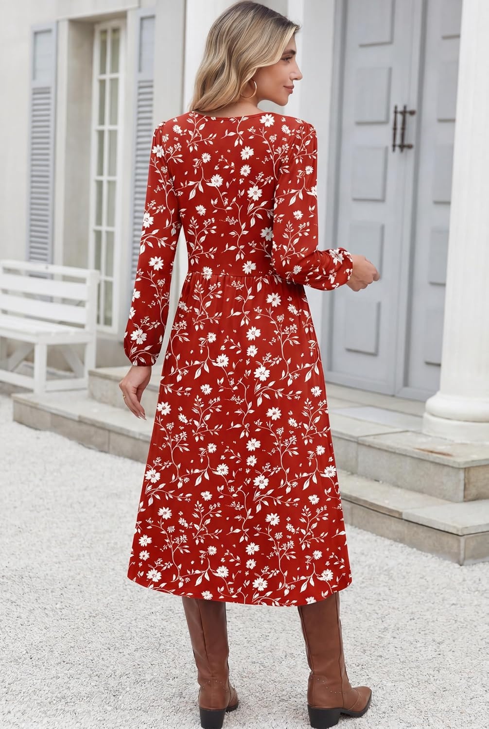 image:imageZeagoo Long Sleeve Midi Dress with Pockets Fall V Neck ALine Casual WomenRed Floral