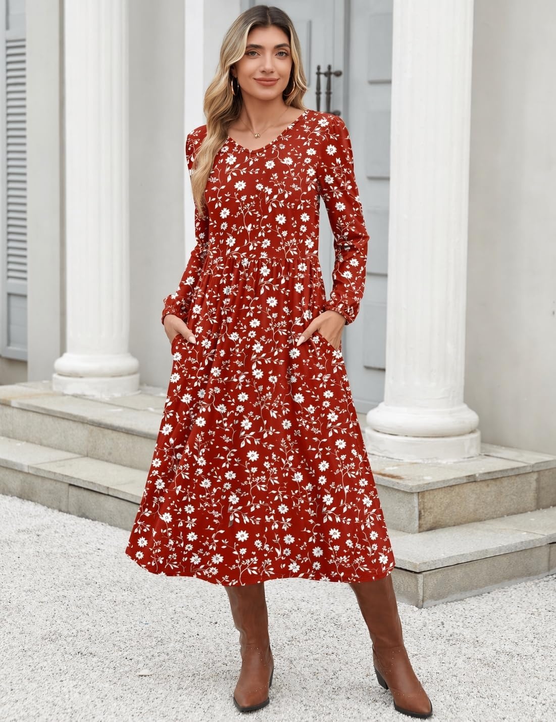 image:imageZeagoo Long Sleeve Midi Dress with Pockets Fall V Neck ALine Casual WomenRed Floral