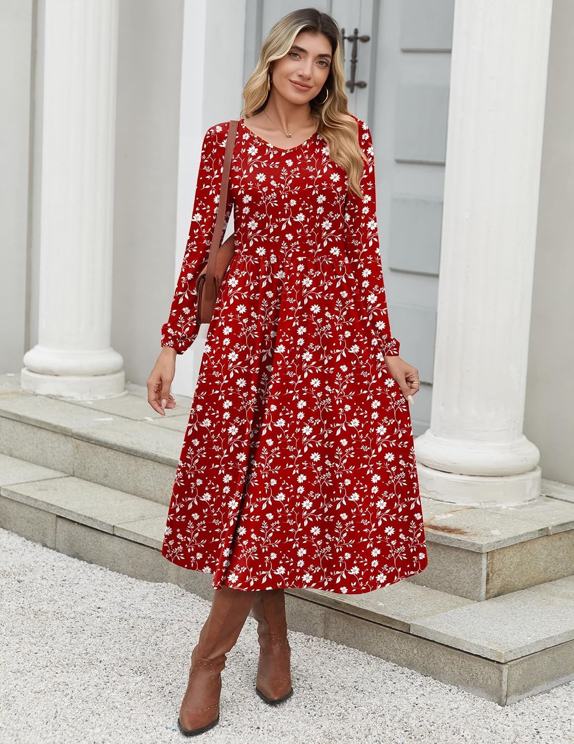 image:imageZeagoo Long Sleeve Midi Dress with Pockets Fall V Neck ALine Casual WomenRed Floral
